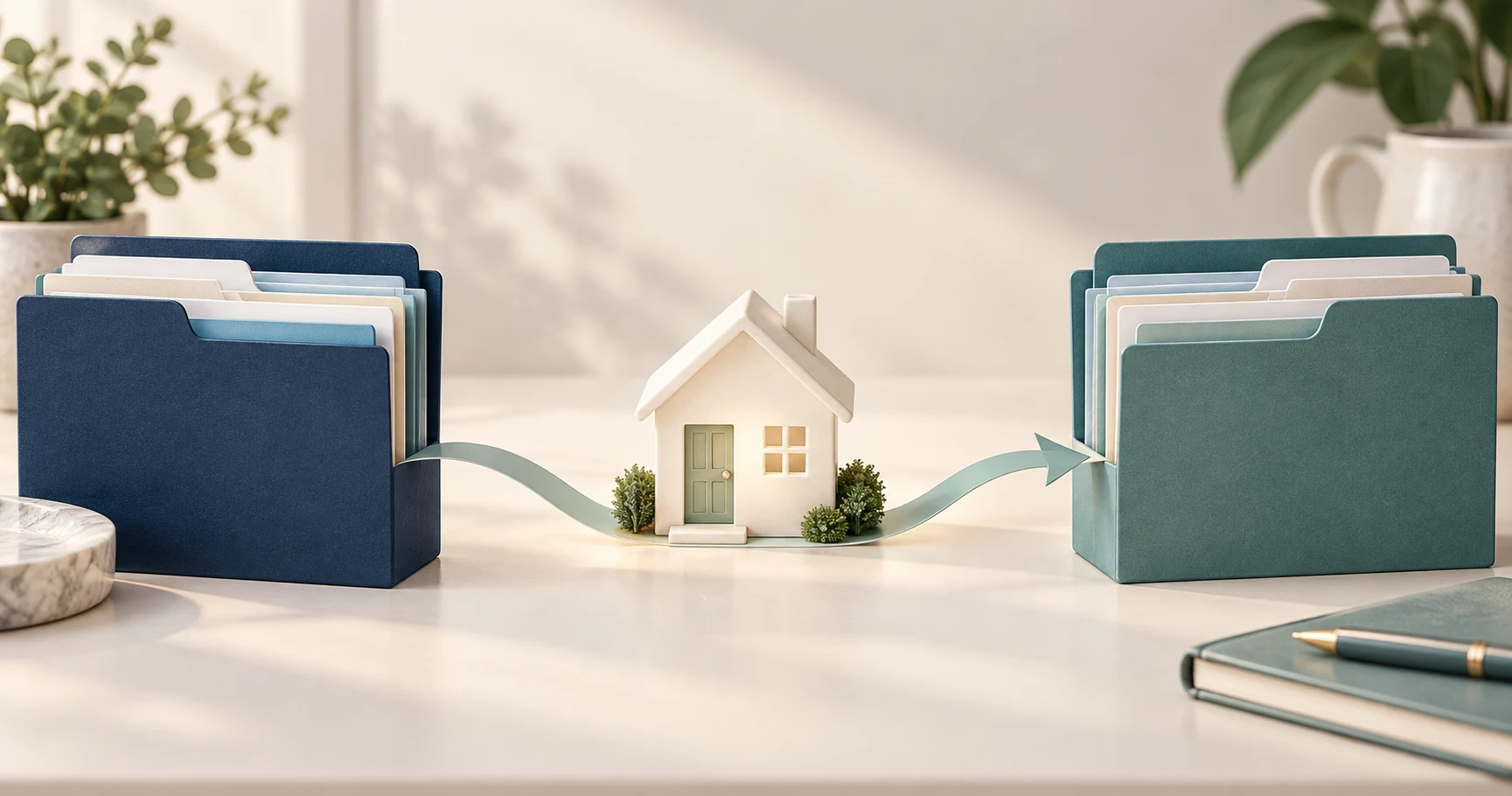 House model between organized folders represents the transfer of records from origination to servicing