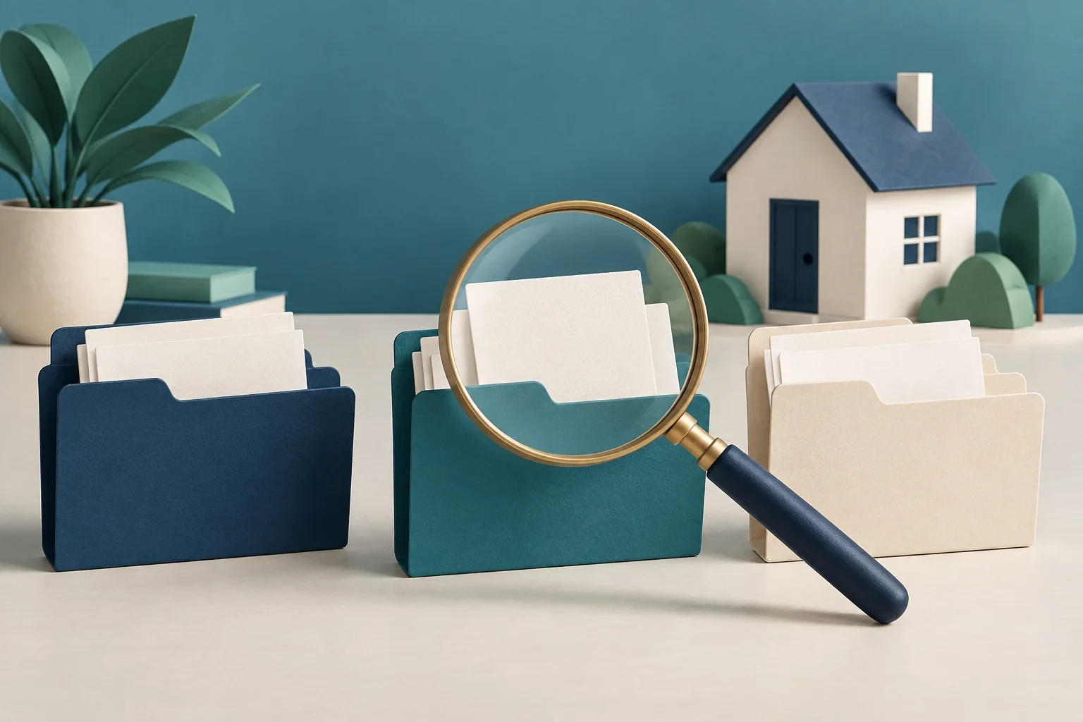 Magnifying glass over separated folders represents comparing evidence from mortgage software demonstrations